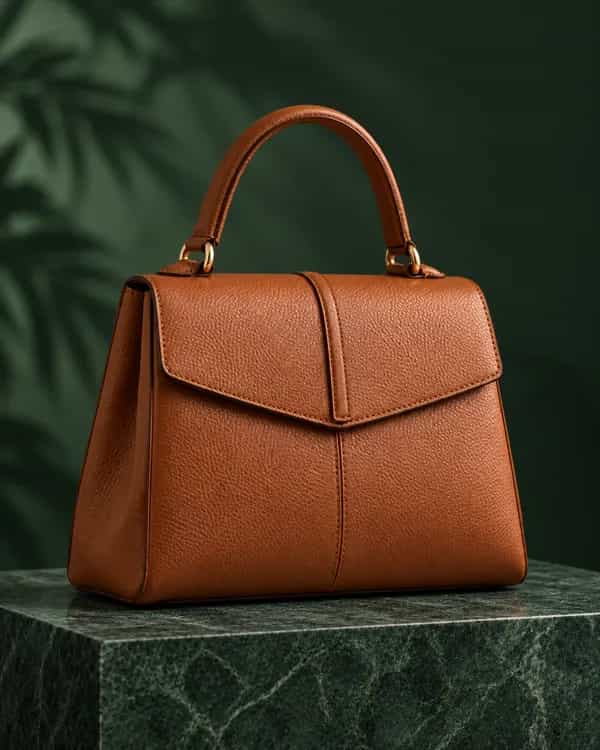 The same cognac leather handbag in a forest-green studio setting