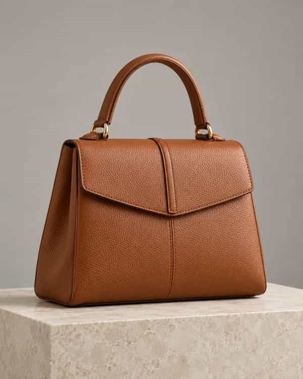 Cognac leather handbag on a neutral studio background