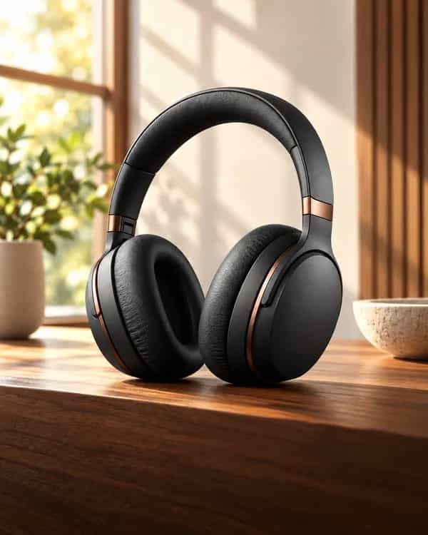 Charcoal headphones in a warm modern listening studio