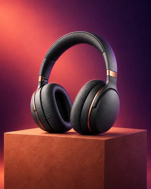 The same charcoal headphones in a vibrant coral campaign setting