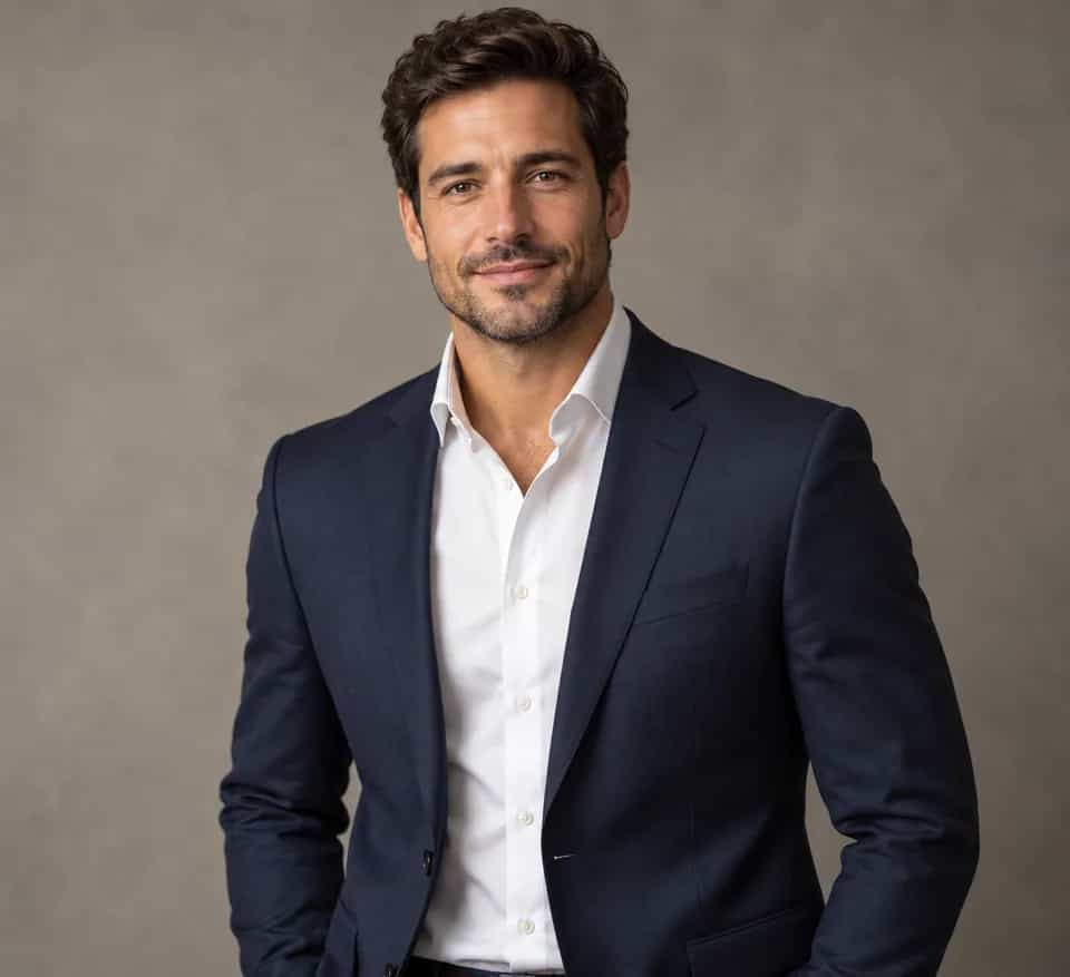 Original studio portrait of a man wearing a navy suit and white shirt