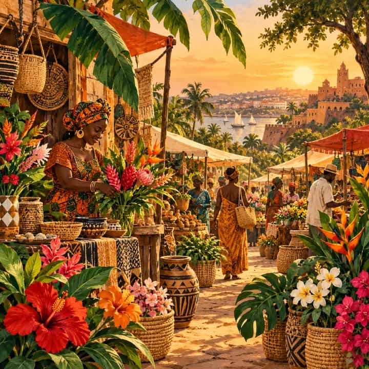 Painterly West African botanical market illustration at golden hour