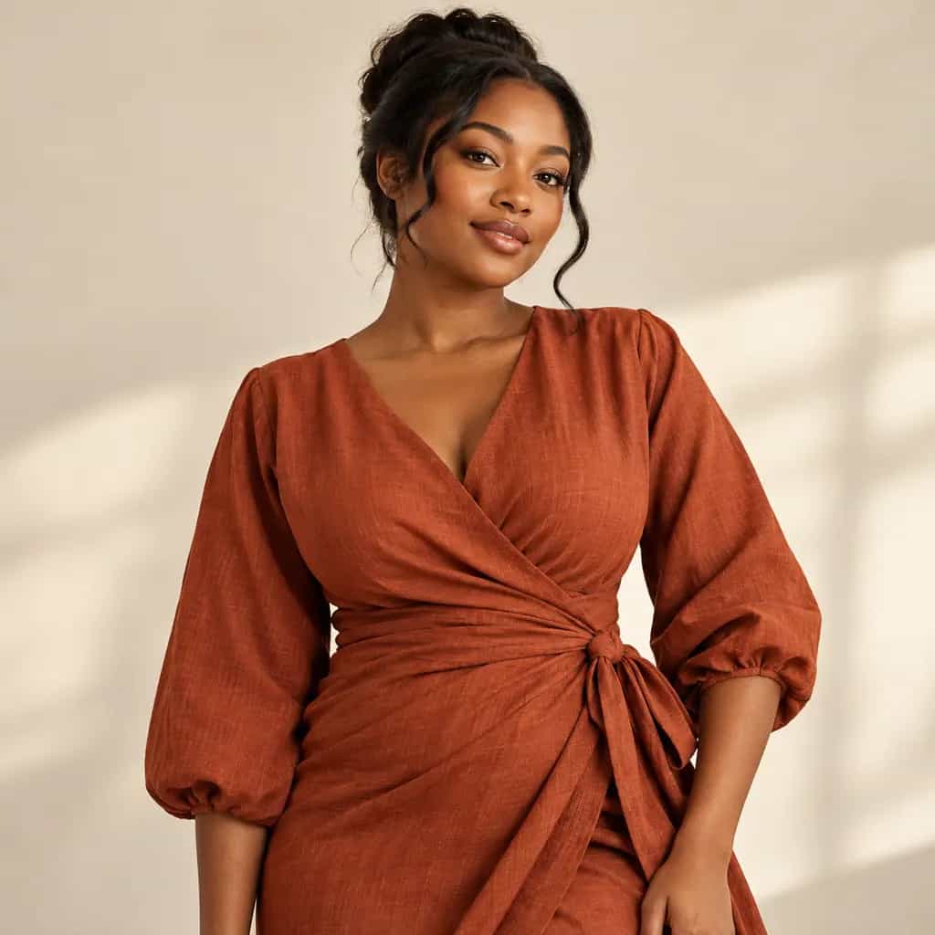 Fashion campaign portrait in a rust-colored wrap dress