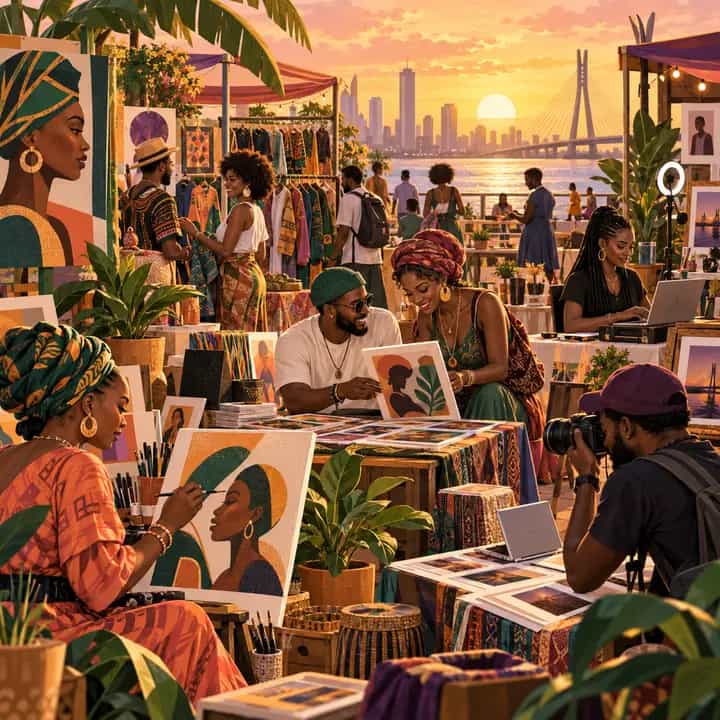 Colorful editorial illustration of a creative waterfront market