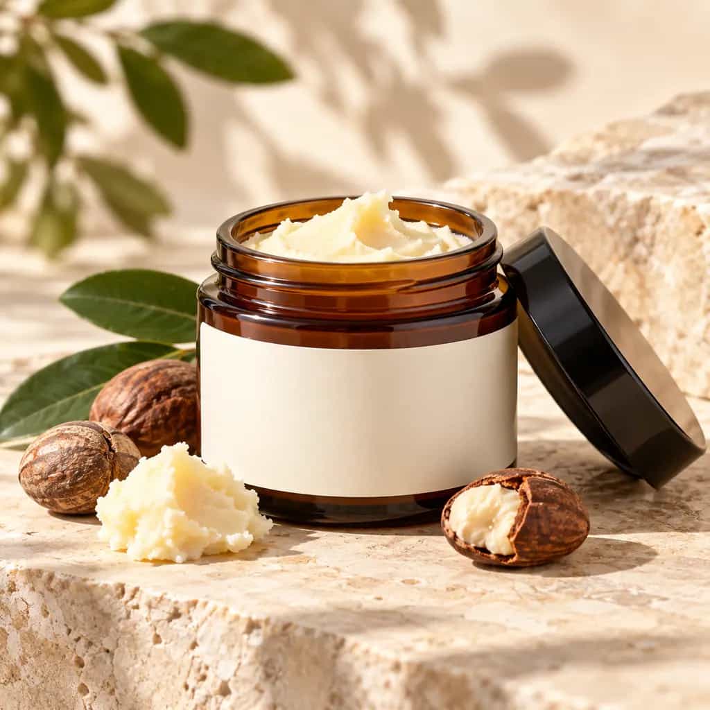 Shea skincare jar photographed in a warm studio setting