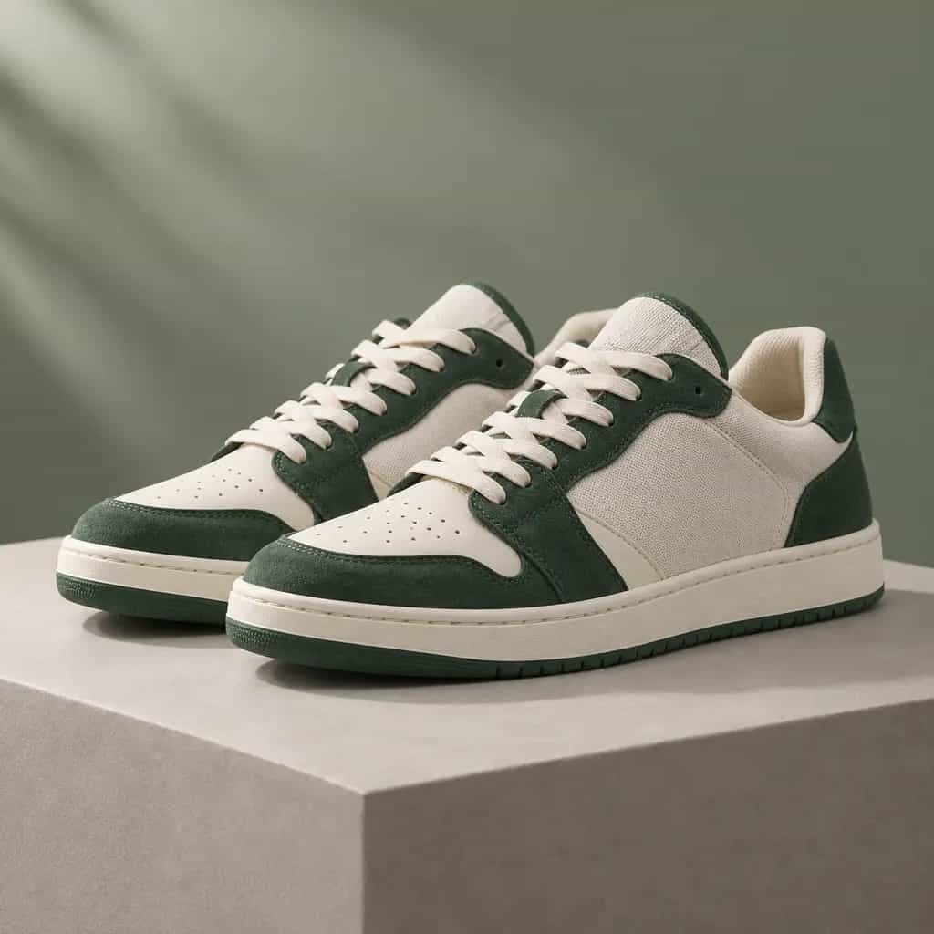 Cream and forest-green sneakers on a minimal studio plinth