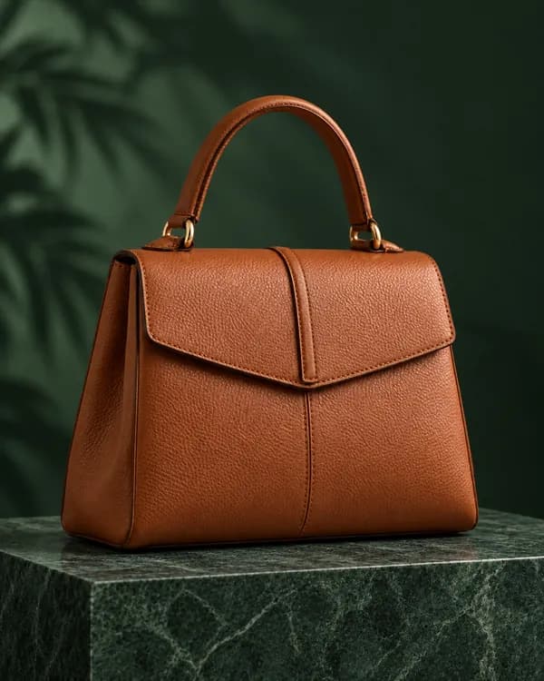 The same handbag in a green studio setting