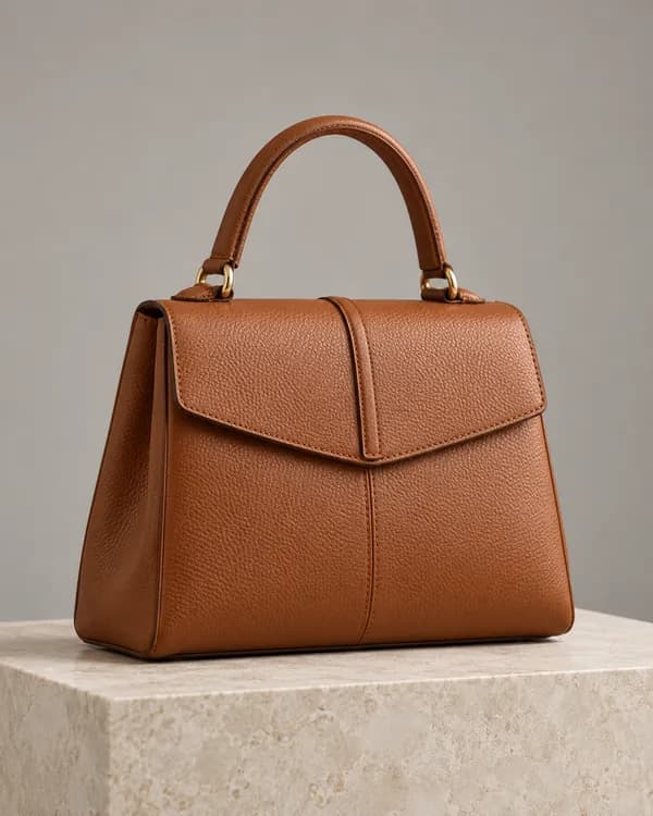 Cognac leather handbag on a neutral background