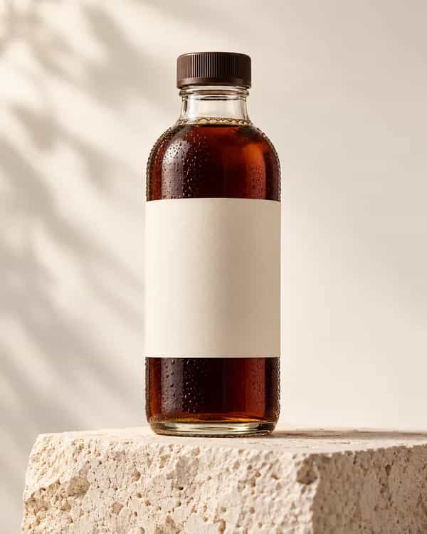 Unbranded cold-brew coffee bottle on a light limestone studio plinth