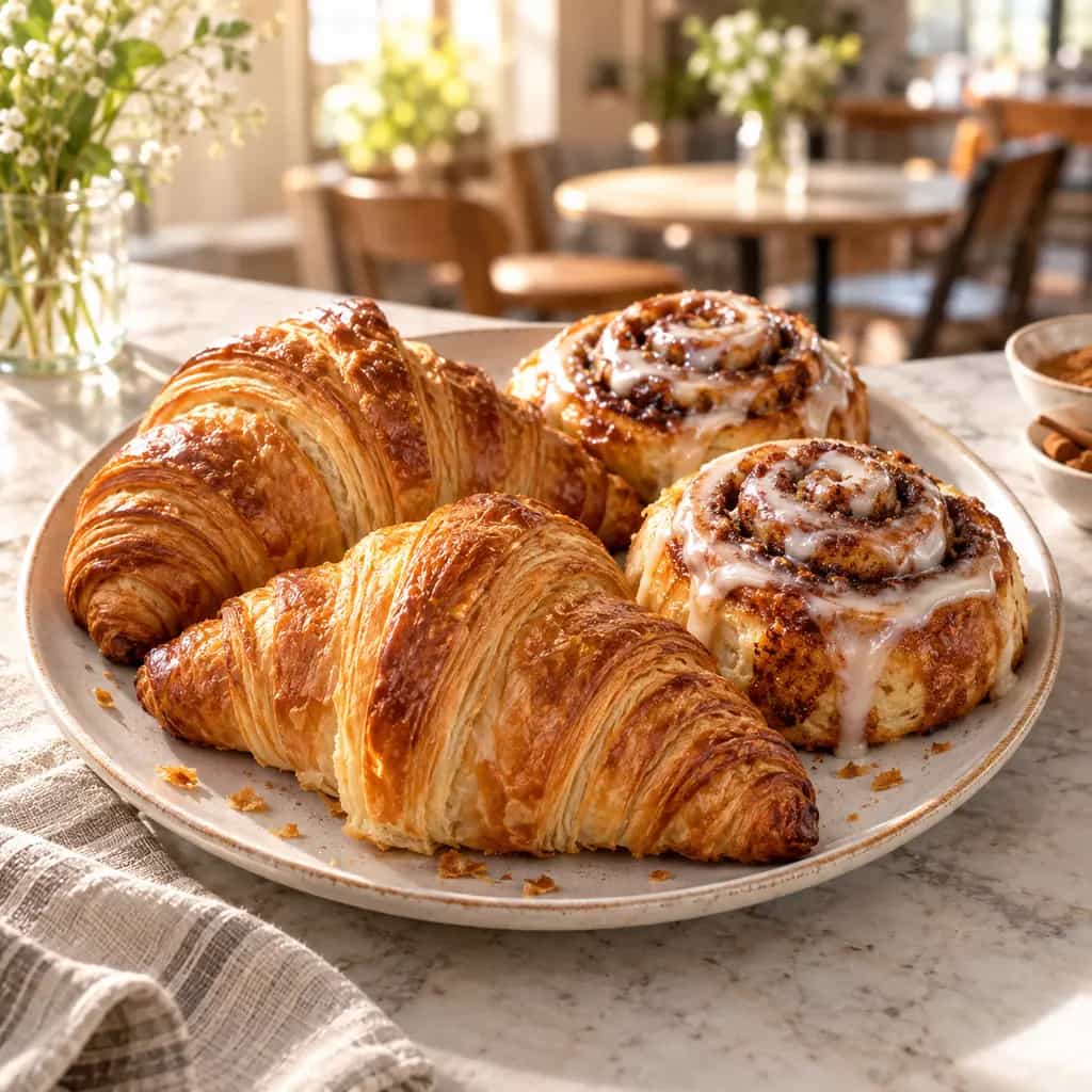 Golden croissants and cinnamon rolls arranged on a white plate in a sunlit café