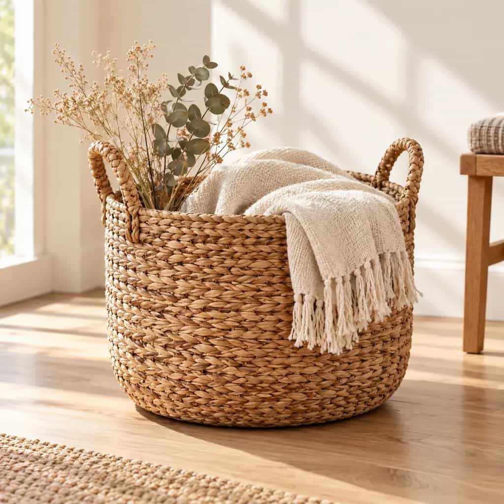 Natural woven storage basket with a folded cream throw in a bright home