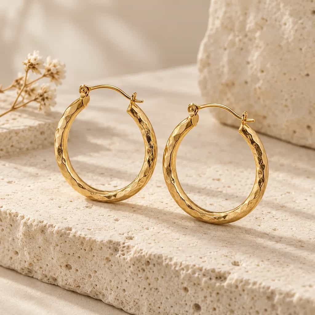 Pair of textured gold hoop earrings displayed on pale stone