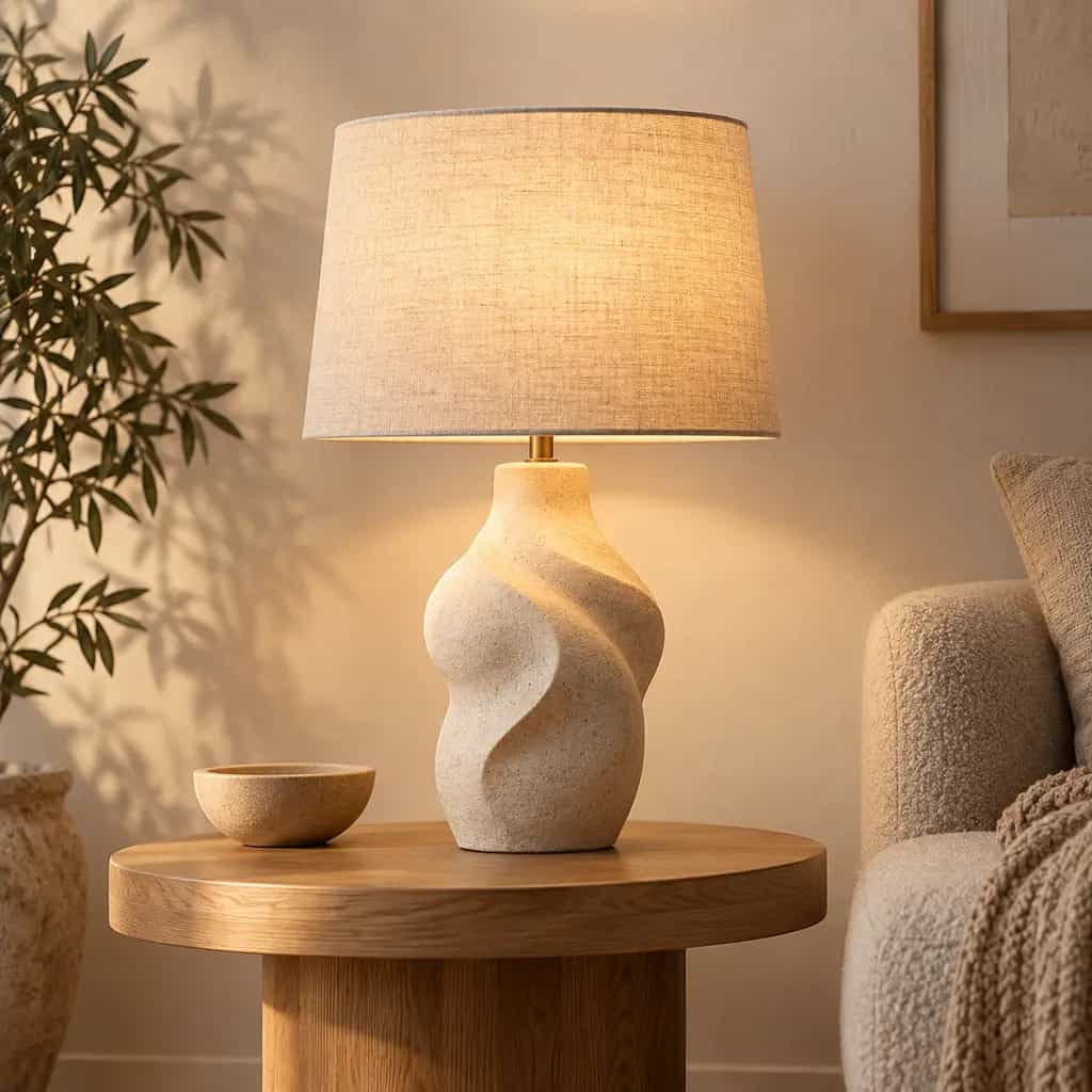 Sculptural ceramic table lamp glowing in a calm living room