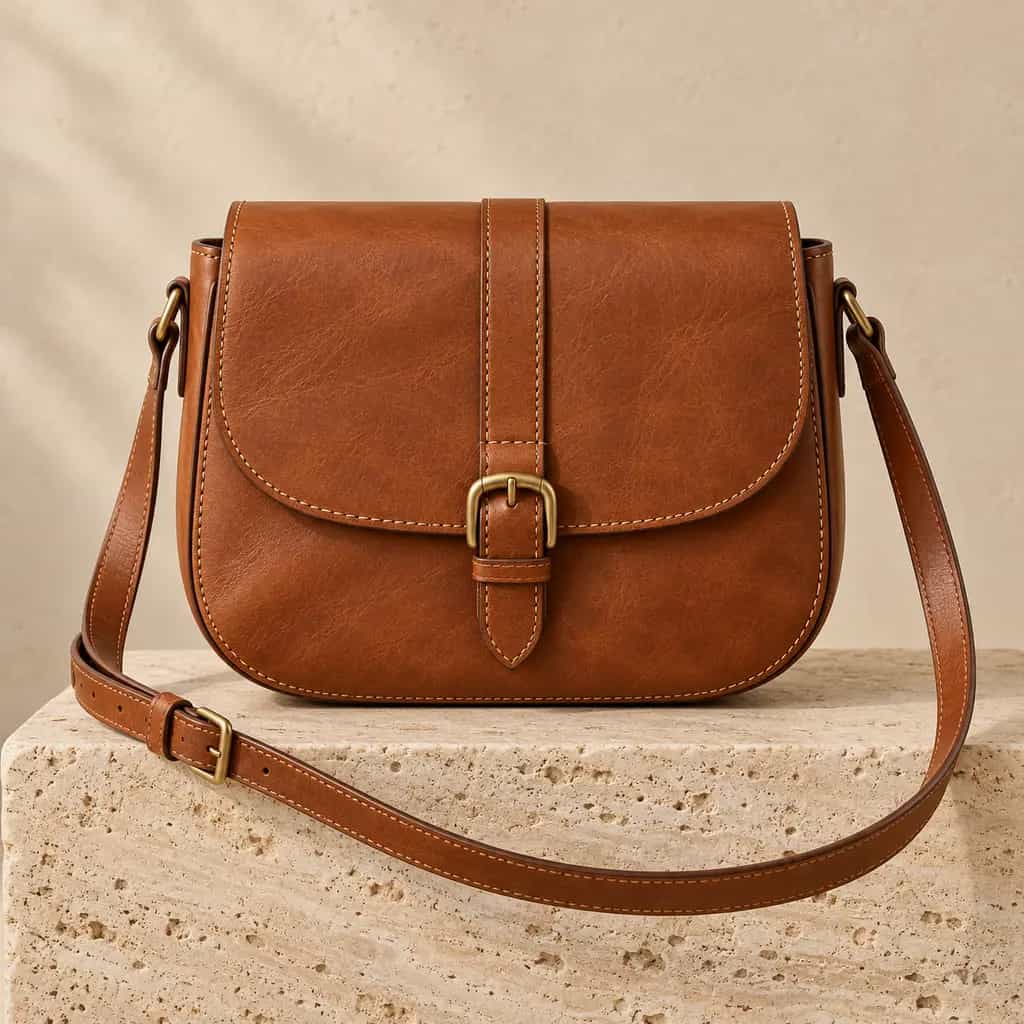 Cognac leather crossbody bag with visible stitching on a pale stone display