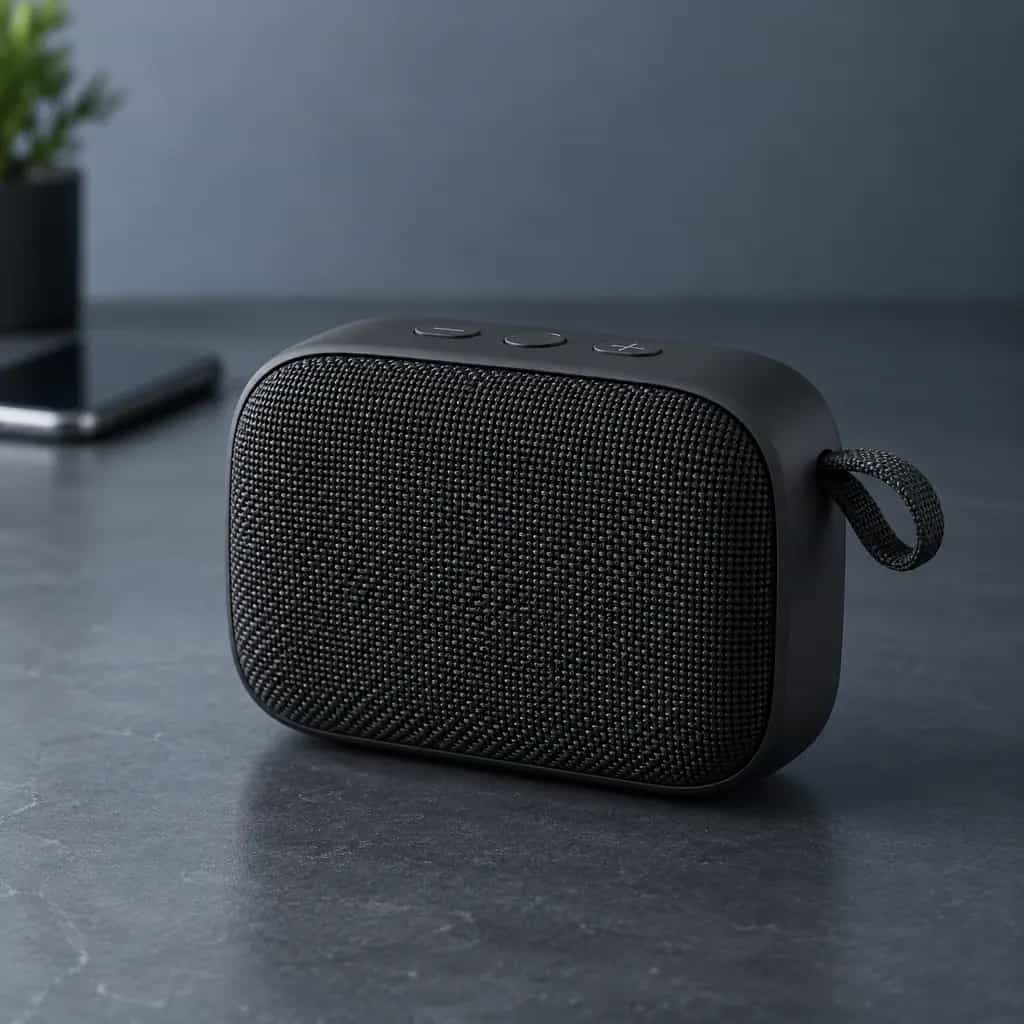 Compact matte-black portable speaker photographed in a slate studio